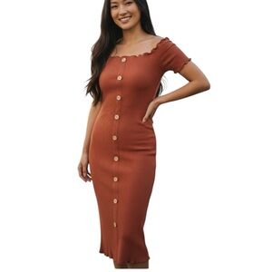 DEREK HEART Rust Ribbed Off the Shoulder Midi Dress Size S